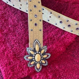 Yellow Studded Leather Belt with Vintage Floral Rhinestone Buckle